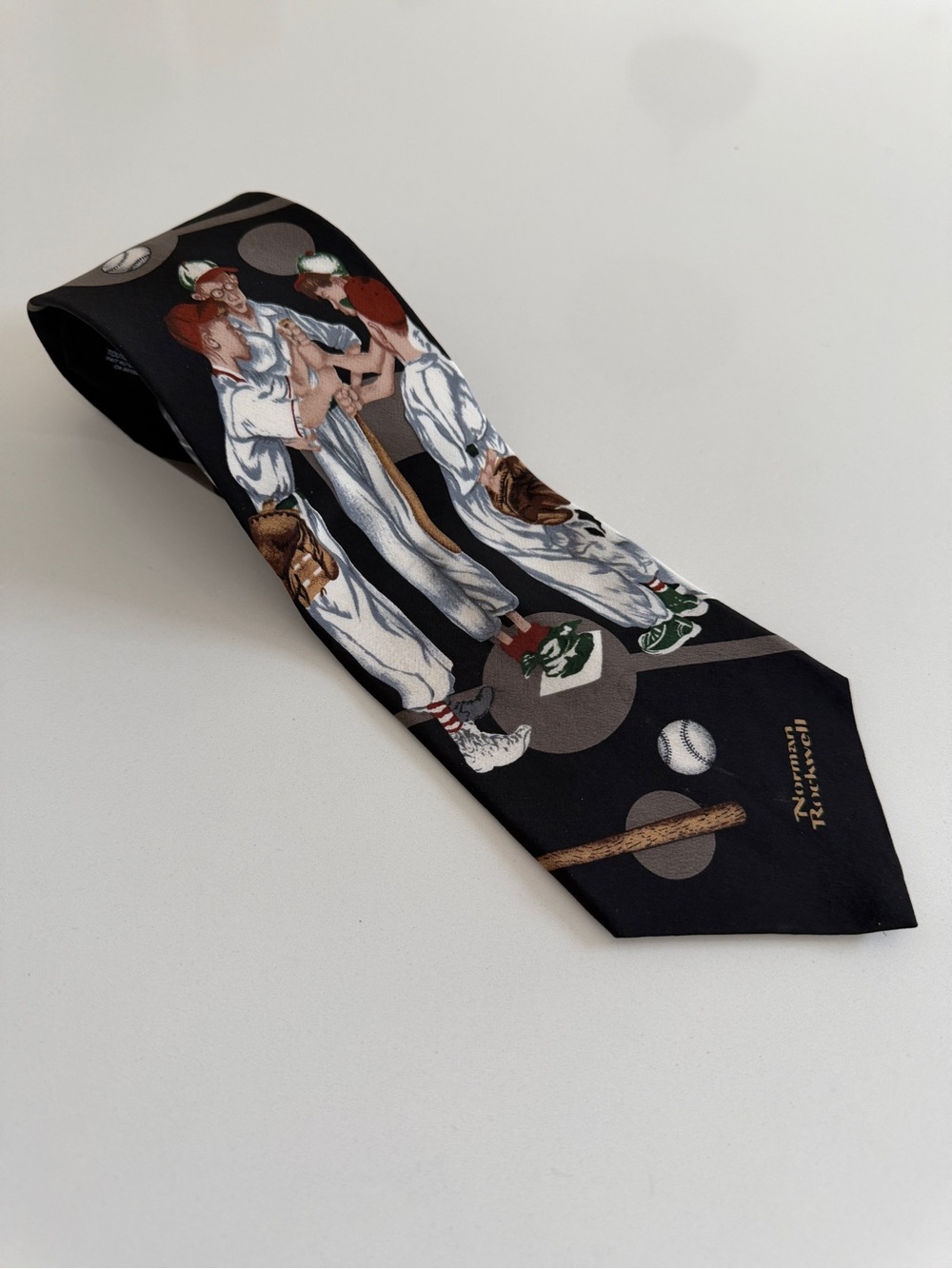 VINTAGE Silk Tie 1996 Brown & Bigelow Norman Rockwell Baseball Novelty Sporty